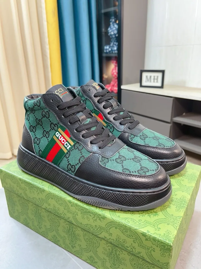 Men's shoes 💰438🌹🌹GUCCI [Gucci] New high-top men's shoes, a high-end brand, the latest fashionable casual men's shoes, trendy and versatile, relaxed and sporty style, uppers imported from Italy, first-layer cowhide, genuine leather lining, and ultra-fine workmanship. Original personalized fashionable rubber wear-resistant outsole, light and comfortable on the foot, size 38-44